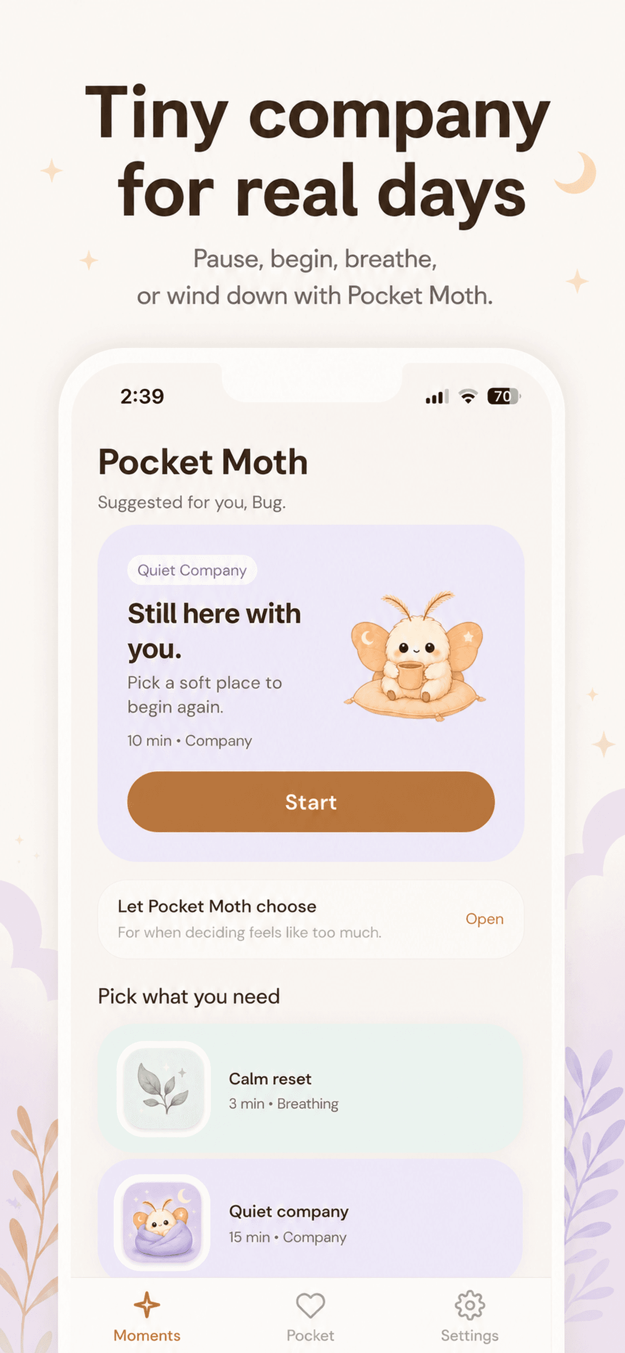 Tiny company for real days — Pocket Moth Moments screen
